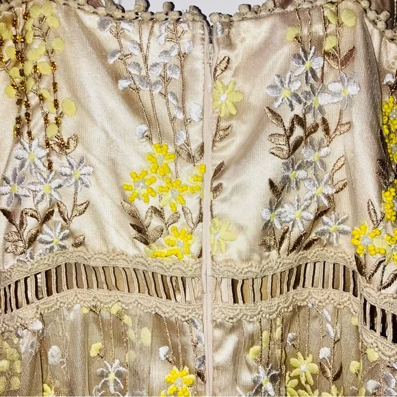 AQUA Gold Yellow Beaded Embroidered Maxi 3D Prom Dress Gown Wedding Guest Glam L - Picture 12 of 12